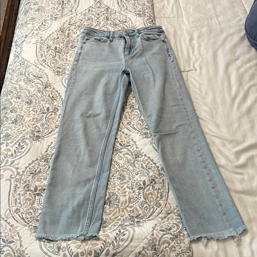 Topshop Light Blue Straight-Leg Jeans with Frayed Hem